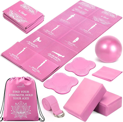 Foldable Yoga Mat and Blocks Set for Women with 2 Pack Yoga Blocks and Strap,Thin Non Slip Pilates Mat with Bag, Home