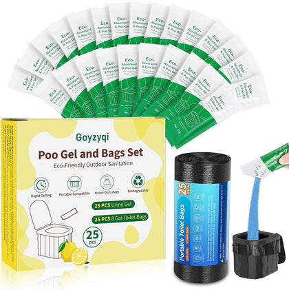 25 Poo Gel and 25 Portable Toilet Bags Set, 8 Gal Biodegradable Waste Bags | Lemon Scent Portable Camping Toilet Bag