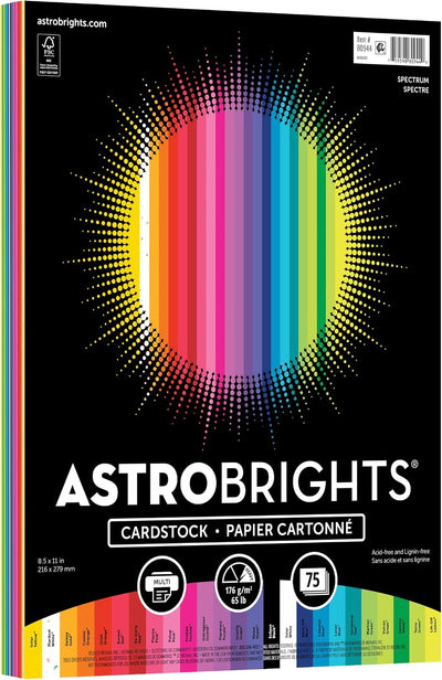 Astrobrights Colored Cardstock, 8.5” x 11”, 65 lb / 176 gsm, "Spectrum" 25-Color Assortment, 75 Sheets (80944-01) - Case