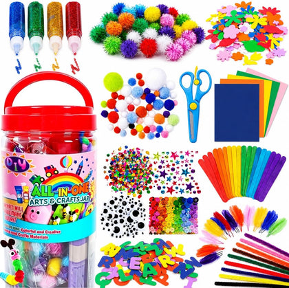 Arts and Crafts Supplies for Kids - Toddlers Craft Kit with Glitter Glue Stick, Pipe Cleaners, Pom Poms, Popsicle