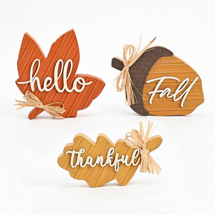 Fall Decorations for Home, 3Pcs Wooden Fall Decor with Maple Leaf Oak Leaf and Acorn for Indoor Table Decor, Rustic