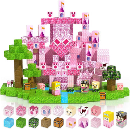 Magnetic Blocks - 100PCS Pink Princess Castle Magnetic Building Blocks, 3D Magnet Cubes for Girls, STEM Construction