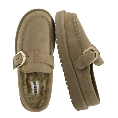 Origin Genuine Suede Mule Clogs for Women, Cozy Slip-On Moc Toe Loafer with Buckle and Faux Fur Cushioned Footbed