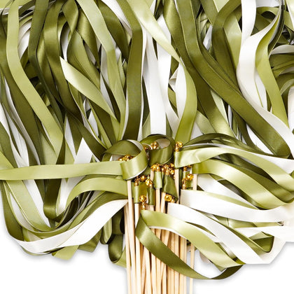 40Pcs Wedding Ribbon Sticks with Bells White Sage Green Streamers Fairy Stick Wands Ribbon Tassel Wands for Baby