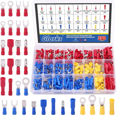 355pcs 22-16/16-14/12-10 Gauge Mixed Quick Disconnect Electrical Insulated Butt Bullet Spade Fork Ring Solderless