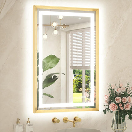24 x 36 Bathroom LED Mirror Brushed Gold Metal Frame Frontlit & Backlit Vanity Mirror Anti-Fog Stepless Dimmable 3