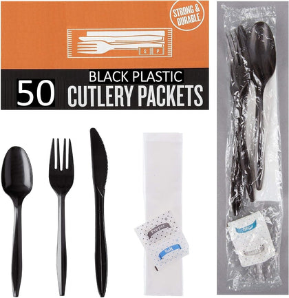 50 Plastic Cutlery Packets - Knife Fork Spoon Napkin Salt Pepper Sets | Black Plastic Silverware Sets Individually