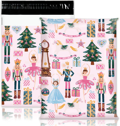 100Pcs Christmas Poly Mailers 10 x 13 Inch Watercolor Pink Nutcracker Packaging Bags Cute Self Sealing Mailing