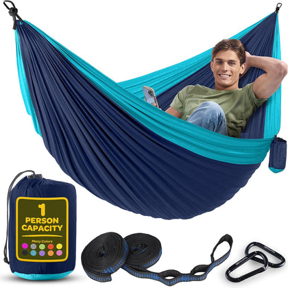 Durable Hammock 400 lb Capacity, Nylon Camping Hammock Chair - Double or Single Sizes w/Tree Straps and Attached