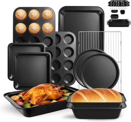 11-Piece Nonstick Baking Pans Set - Professional Grade Carbon Steel Bakeware with Premium Coating- Dishwasher Safe