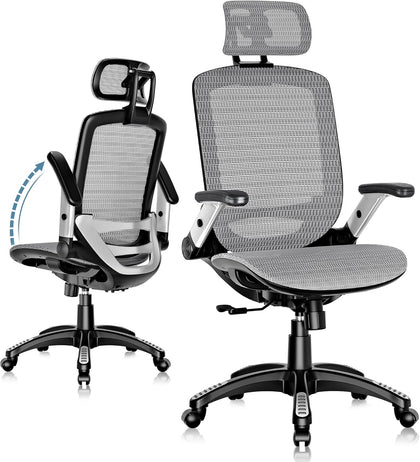 Ergonomic Office Chair, High Back Home Desk Chair with Headrest, Flip-Up Arms, 90-120° Tilt Lock and Wide Cushion
