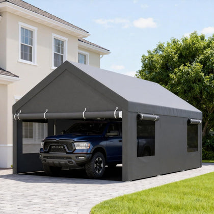 JY QAQA Carport, 12x20 FT Heavy Duty Carport with Roll-Up Window and Sandbags, Portable Garage with Removable Side