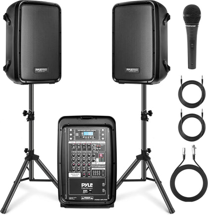 PA Speaker DJ Mixer Bundle - 300 W Portable Wireless Bluetooth Sound System with USB SD XLR 1/4" RCA Inputs - Dual