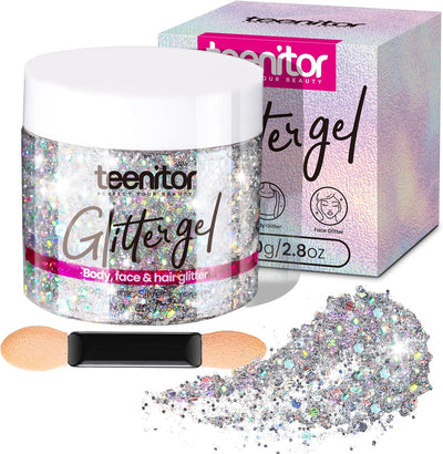 Body Glitter, Body Glitter Gel, Hair Glitter, Face Glitter, Holographic Chunky Makeup Silver Glitter Gel for Face