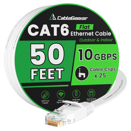 Cat 6 Flat Ethernet Cable 50ft, 10Gbps, White | 30AWG OFC, 550MHz, Snagless Gold-Plated RJ45, Flat Low-Profile Design