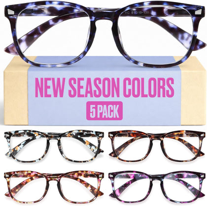 +2.0 Ladies Reading Glasses for Women Clear Vision – 5-Pack Blue Light Filtering Readers with Spring Hinges