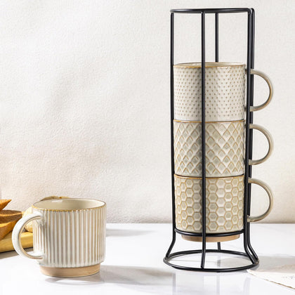12oz Stackable Coffee Mugs with Stand, Ceramic Coffee Cups Set of 4