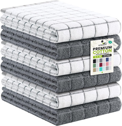 Premium Kitchen Towels (16"x 28", 6 Pack), Large 100% Cotton Terry 390 GSM Kitchen Hand Towels, Ultra Absorbent Check