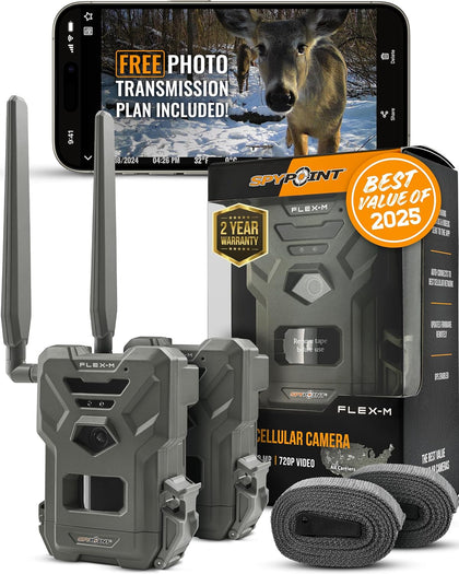Flex-M Twin Pack Cellular Trail Cameras - Best Hunting Accessories, No WiFi Needed, GPS, Night Vision, Dual-Sim LTE