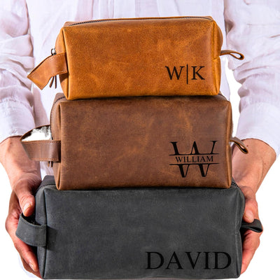 Personalized Leather Toiletry Bag for Men – Custom Shaving Dopp Kit with Name or Initial, Travel Gift for Groomsmen