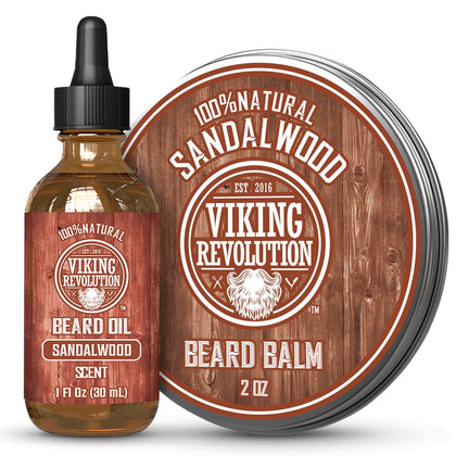 Sandalwood Beard Balm for Men (2oz) and Sandalwood Beard Oil (1 fl oz) Bundle - With Argan and Jojoba Oils - Soften
