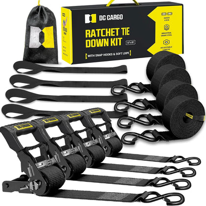 Ratchet Straps Tie Downs 4 Pack (5,000 LB Break Strength) 1.5" x 15 Feet Tie Down Straps with Safety Lock S Hooks for