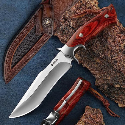 Full Tang Fixed Blade Hunting Knife with 60 HRC M390 Steel Blade | Comfortable Wood Handle, Includes Leather Sheath