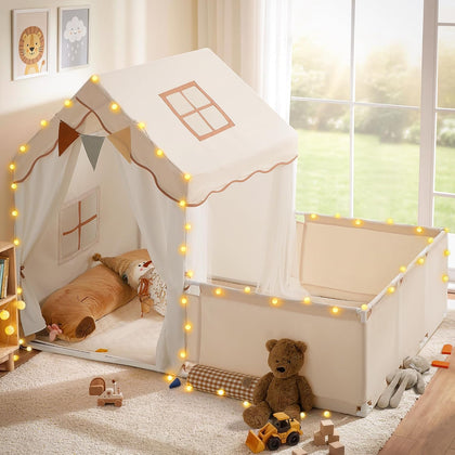 Kids Play Tent with Enclosure, Toddler Tent 2 in 1 with Padded Mat and Lights, Large Playhouse for Kids, Indoor &