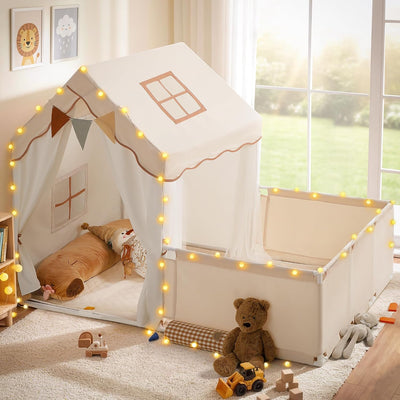 Kids Play Tent with Enclosure, Toddler Tent 2 in 1 with Padded Mat and Lights, Large Playhouse for Kids, Indoor &