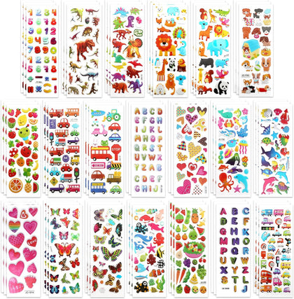 60 Sheets 3D Stickers for Kids & Toddlers, Self-Adhesive Puffy Stickers Variety Pack Includes Animals Letters Numbers