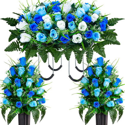 Artificial Cemetery Flowers Saddle, 2 Sets Grave Flowers Rose with Vase, Memorial Headstone Flowers Saddle for