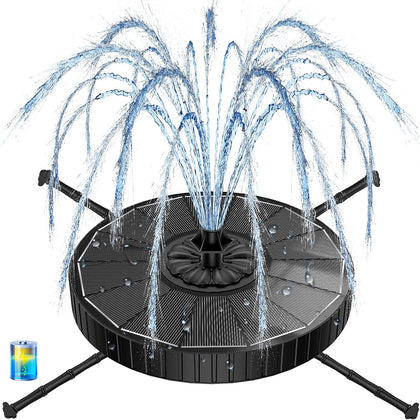 Solar Fountain with 2000mah Battery, 3-Level Adjustable Water Height, Rotating Rods, Works in Shadow, 7 Nozzles, 2026
