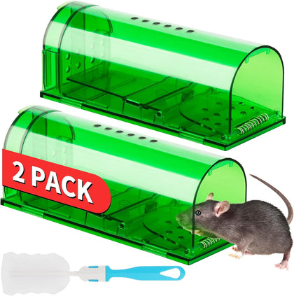 Humane Mouse Traps 2 Pack | Live No Touch Catch and Release No Kill Rodent Traps | Reusable with Cleaning Brush | Pet
