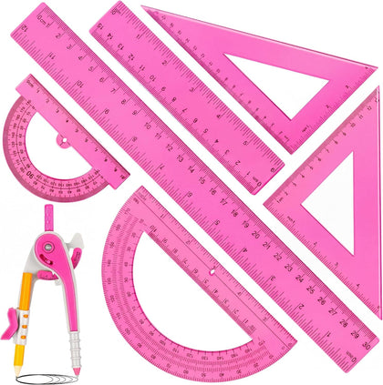 1 Set Plastic Geometry Math Set 7 Pcs Includes 6'' / 4 '' Protractor, Drawing Compass, 45/60 Degree Triangle Rulers