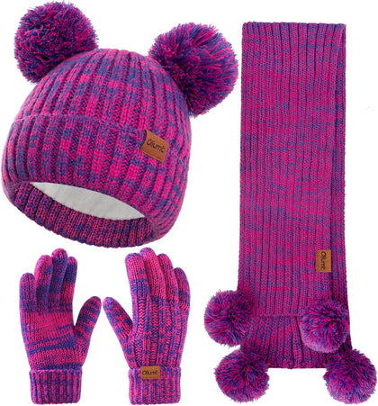 Kids Winter Hat Gloves Scarf Set, Knit Neck Warmer for Boys Girls Beanie & Mittens with 2 Sizes (2-8 & 9-15 Years)