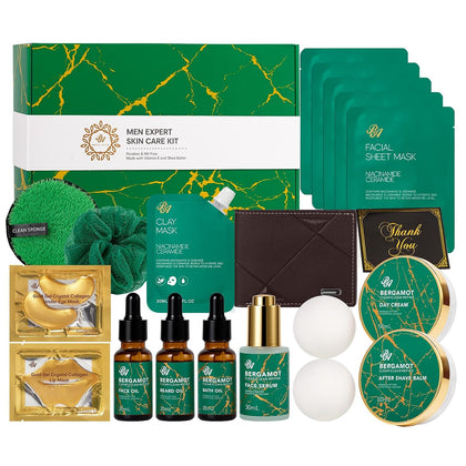 Men Bergamot Facial Skin Care Set, Fathers Day Gift, 21 Pcs Beard Grooming Kit, Bath and Body Gift Basket Set