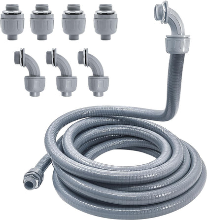 Liquid-Tight Conduit - 1/2inch 25 Foot Flexible Non Metallic Liquid Tight Electrical Conduit Kit, With 4 Straight and