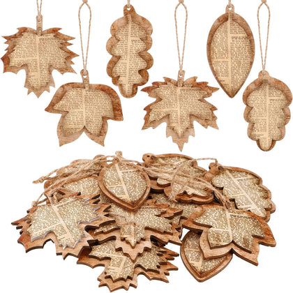12 Pcs Vintage Fall Leaves Decorations Wood Rustic Fall Leaves Hanging Book Newspaper Design 3D Maple Leaf Decoration