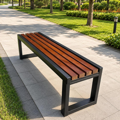 Outdoor Bench, Mid-Century Metal Park Bench, Outdoor Patio Park Benches with Waterproof Wood Seating, for Patio
