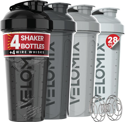 4 Pack 28oz Protein Shaker Bottle for Protein Mixes, Silver Aurora | 4x Wire Whisk, Leak Proof Shaker Cups for