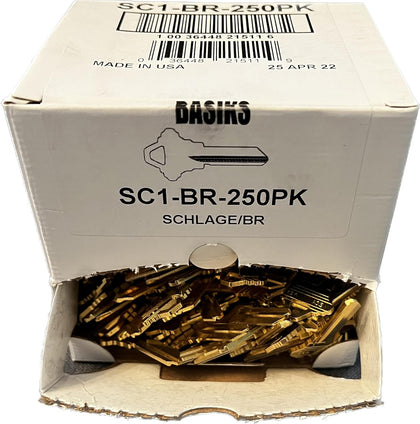 Basiks Bulk 250pk Key Blanks for Kwikset KW1 and Schlage SC1 (Brass, Schlage SC1)