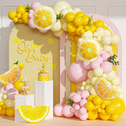 Lemon Balloon Arch, Pink and Yellow Balloon Arch Kit with Pastel Yellow Light Pink Foil Balloons for Lemon Baby