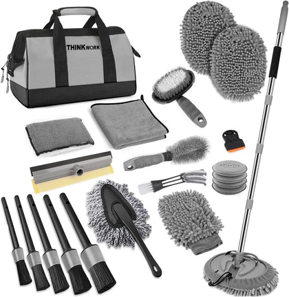 Car Wash Kit, 62'' Car Washing Brush with Long Handle, Extendable Car Wash Brush Mop with 2-in-1 Windshield Squeegee