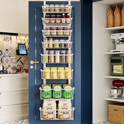 Over The Door Pantry Organizer, 8-Tier Over The Door Organizer with Adjustable Baskets, Metal Hanging Spice Rack for