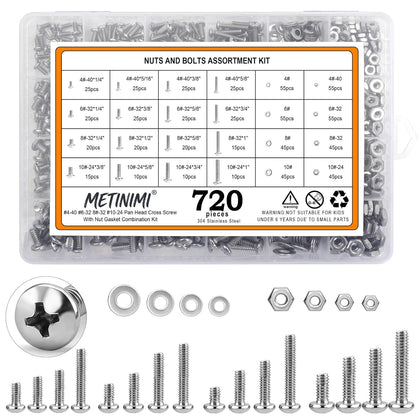 Stainless Steel Nuts and Bolts Assortment Kit, 720PCS Machine Screw #10-24#8-32#6-32#4-40 Silver Phillips Pan Head