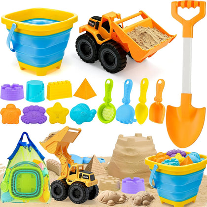 Beach Sand Toys for Toddler 1-3 with Trucks, 2 Collapsible Beach Toys for Kids Ages 4-8, Sandbox Toys for Toddler