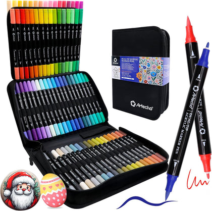 Acrylic Paint Markers 72 Colors with Bag, Acrylic Paint Pens with Brush Tip and Fine Tip for Stone, Rock Painting