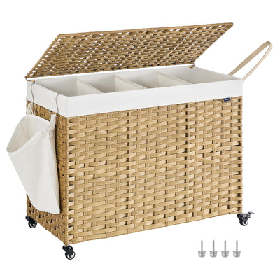 Rolling Laundry Hamper with Lid, 210 L 4-Section Synthetic Rattan