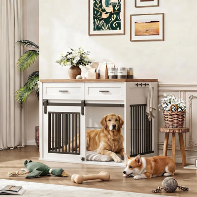 44.5" Large Dog Crate Furniture with 2 Storage Drawers,Heavy Duty Wooden Pet Kennel with Sliding Barn Door & Hook,Dog