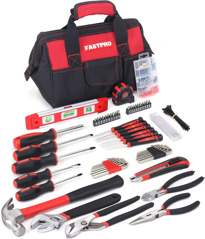215-Piece Home Repairing Tool Set with 12-Inch Wide Mouth Open Storage Bag, Household Hand Tool Kit,Red